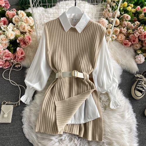 2021 spring autumn women's lantern sleeve shirt knitted vest