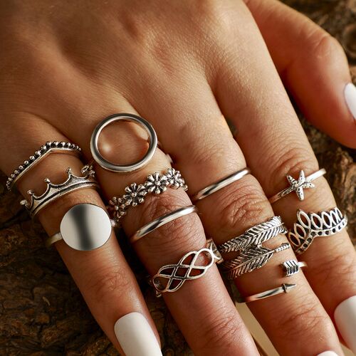 Tocona 13pcs/sets Vintage Silver Color Geometric Ring Sets f