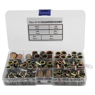 190Pcs M3-M12 Plated Carbon Steel Flat Threaded Rivet Nut Fl