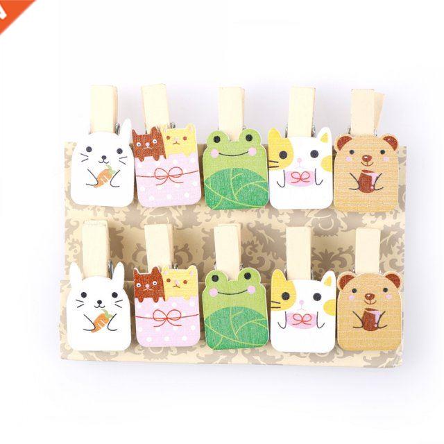 10pcs Cartoon Cat Wooden Clothes Pegs Paper Clip Bookmark Fo