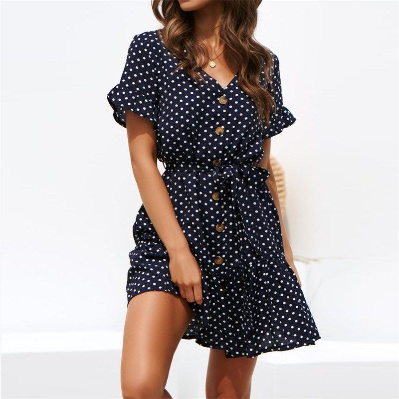 Women Summer Beach Chiffon Dress Casual Short Sleeve Polka D图片