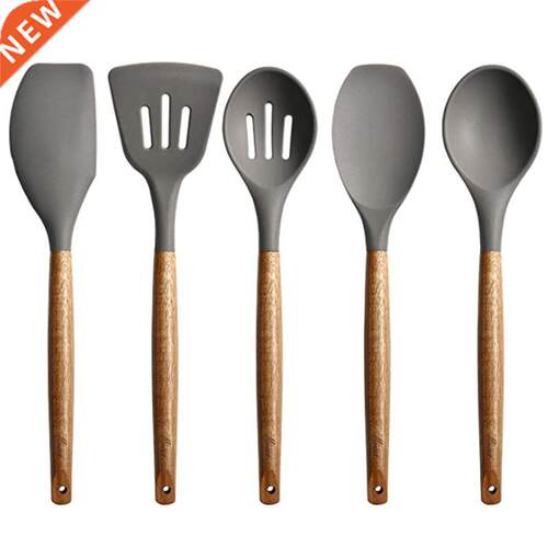 Set of 5 Silicone Cookware Set, Wooden Handle Spatula, Spoon