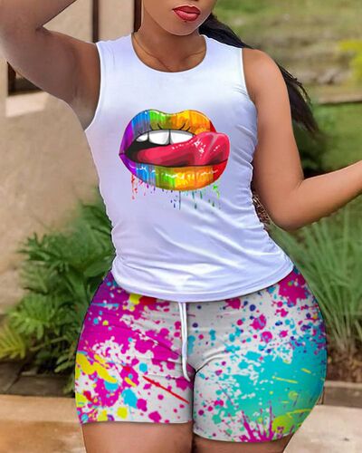 Two Pieces Suit Summer Women Outfit Holiday Lip Print Tank T