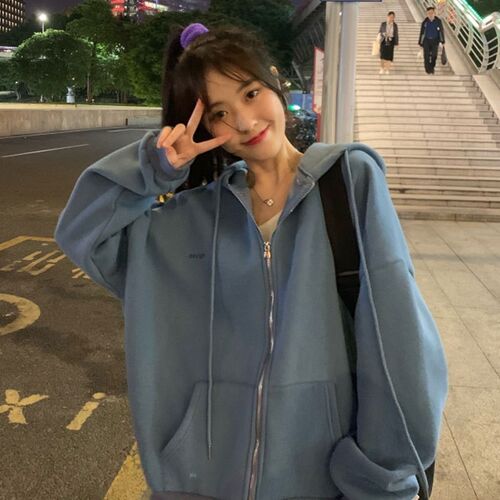 Zip up Women Korean Style hoodies For Girls Top Vintage Soli