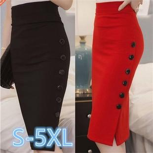 Elegant Skirts Women Vintage Office Lady High Waist Buttons
