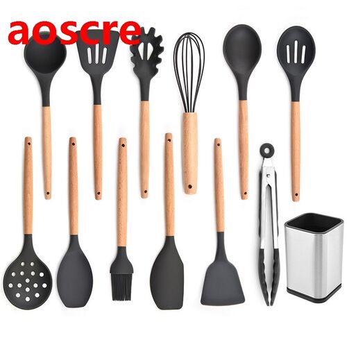 Kitchen Utensil Set Silicone Cooking Utensils with Wooden Ha