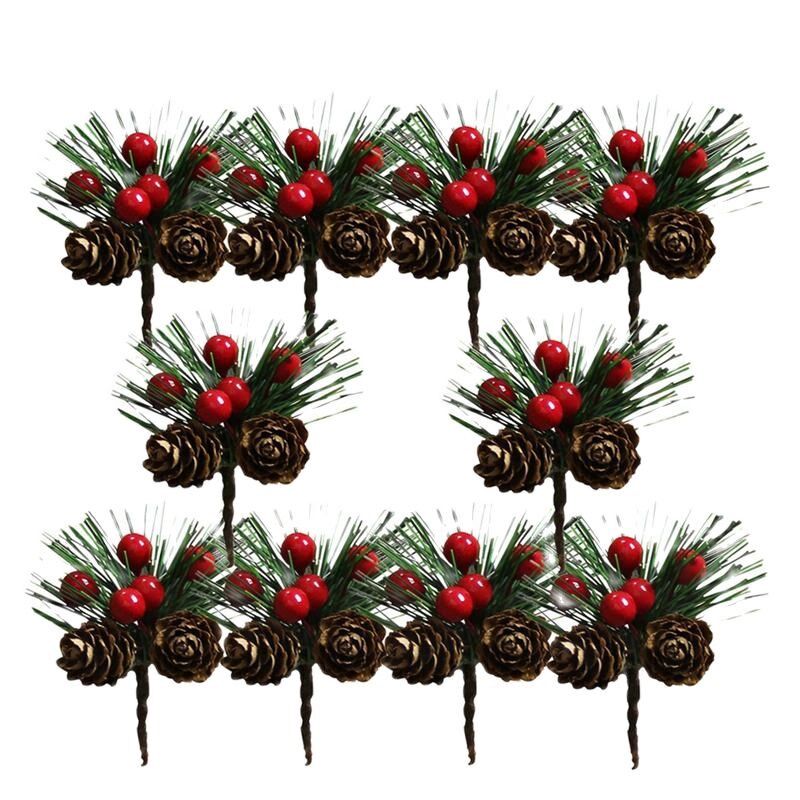 10pcs artificial flower red christmas berry and pine cone