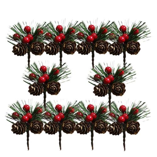 10pcs Artificial Flower Red Christmas Berry And Pine Cone