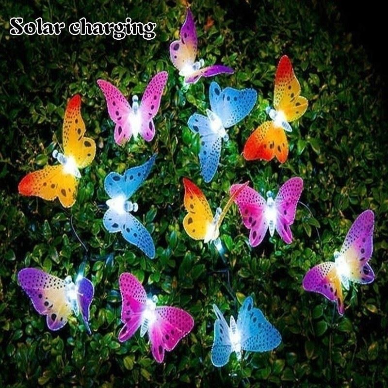 12 LED Solar Power Fibre Optic Butterfly String Light Garden