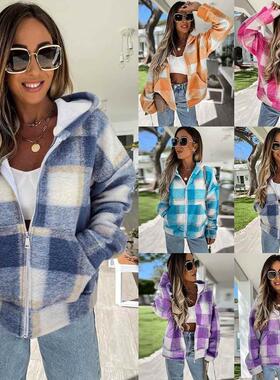 About 2021 loose plaid wool multicolor hooded jacket zipper