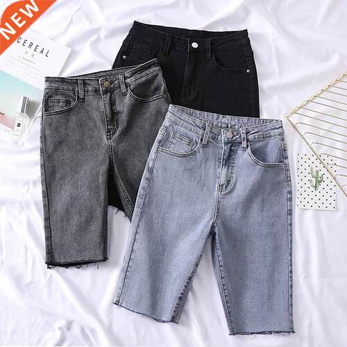Skinny Stch Denim Shorts Women Summer High Waist Black Blue