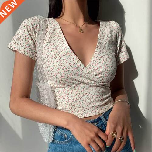 Summer French retro floral V-neck short-sleeved T-shirt Slim