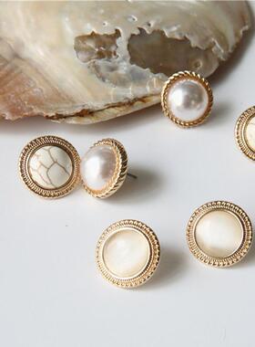New Vintage Round Marble Opal Stone Big Stud Earrings Women