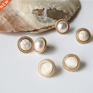 New Stone Earrings Women Opal Stud Marble Round Vintage Big