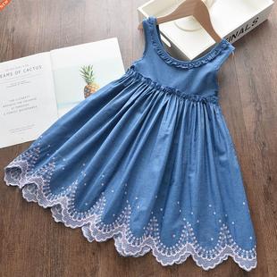 2022 New Summer Girls' Dress Vest Denim Embroidery Casua