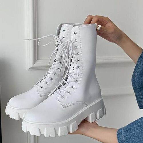 2020 New Mid Calf Boots Women Autumn Winter Fashion Lace-up