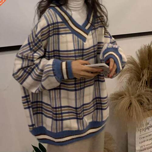 Plaid Pullover Women Warm Korean Pullover Loose Vintage Wome