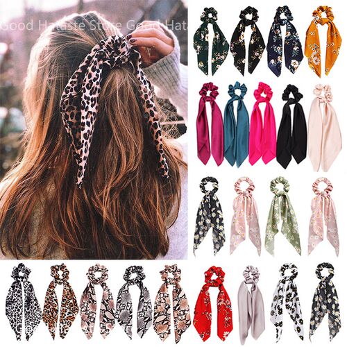 Fashion Leopard Print Bow Satin Girls Elastic Hair Bands Lon