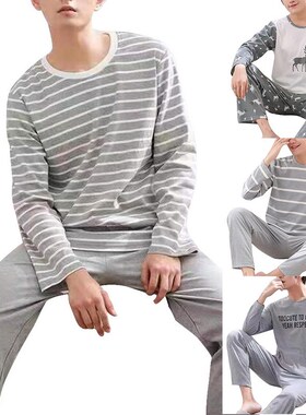 Men Pajama Sets Cotton Male Long Sleeve Striped Pajama Set F