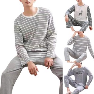 Men Pajama Sets Cotton Male Long Sleeve Striped Pajama Set F