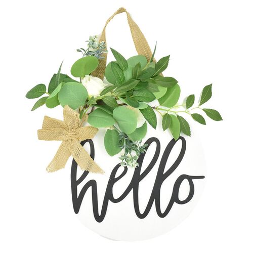Hello Sign Rustic Front Door Decor Wreath Round Wood Hanging