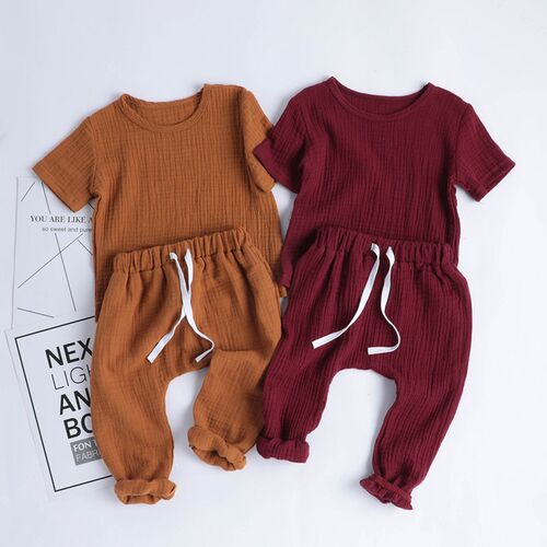 Cotton Linen Casual Toddler Baby Girls Boys Clothes Set Soli