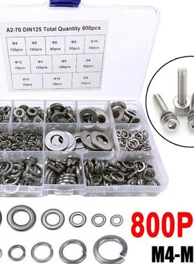 800Pcs M4-M12 Flat Spring Washers Pad Stainless Steel Metal