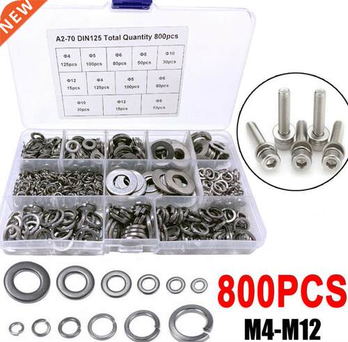 800Pcs M4-M12 Flat Spring Washers Pad Stainless Steel Metal