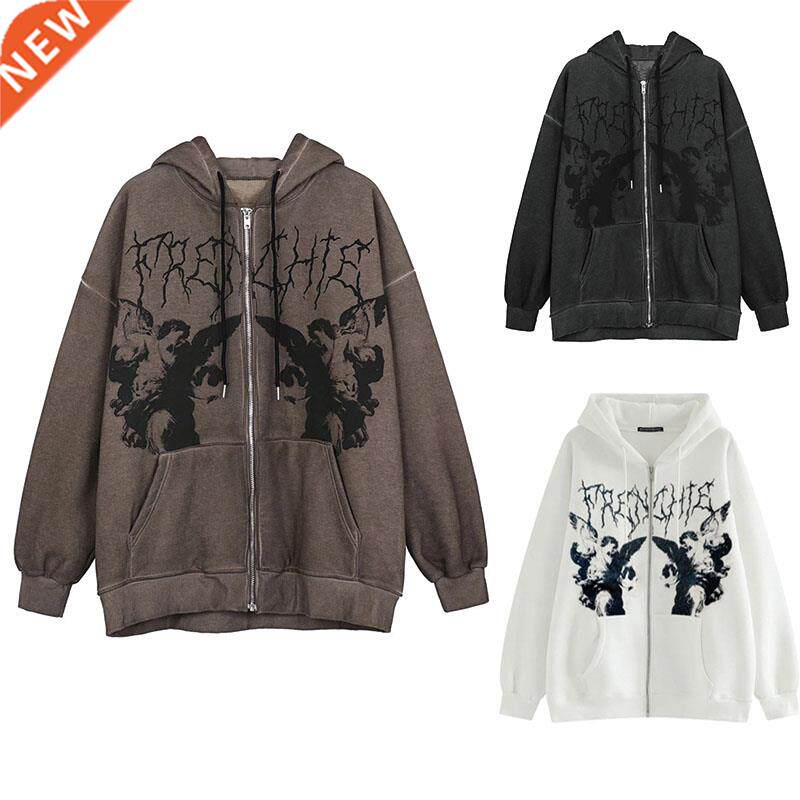 korean fashion oversized zip up hoodie angel and gothic lett