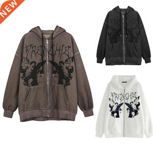 Korean Fashion Oversized Zip Up Hoodie Angel And Gothic Lett
