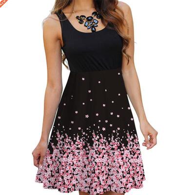 Floral Boho Dress Ladies Sleeveless O-Neck Slim A-line Tank