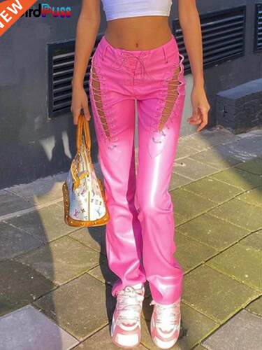 Weird Puss Faux PU Y2K High Waist Pants Women Chic Hollow Ou