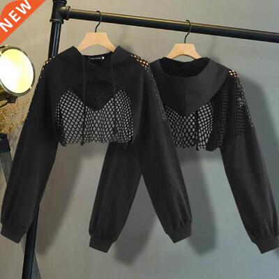 Mesh Patchwork Crop Sweatshirt Hoodies Women Harajuku Hoodie