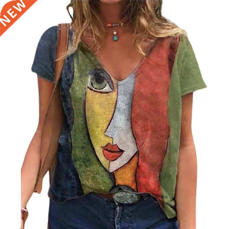 V Neck Tshirt Women's Summer Casual Oversize Print Shirt图片