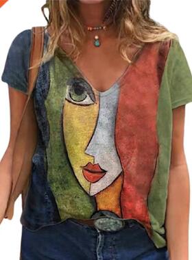 V Neck Tshirt Women's Summer Casual Oversize Print Shirt