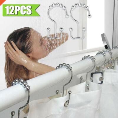 12Pc Stanless Steel Roller Sldng Shower Curtan Hook Pol