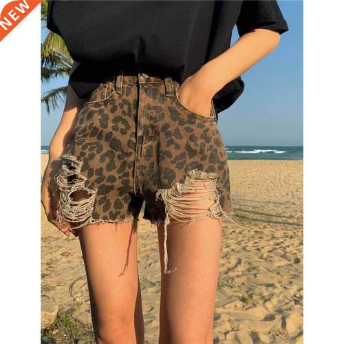 Hot sale summer woman denim Leopard Print shorts high waist