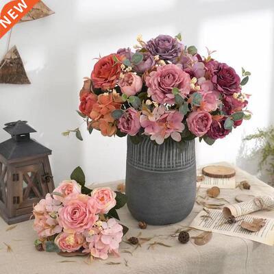 Artificial Flowers Retro Silk Rose Bouquet Hydrangea Peony V