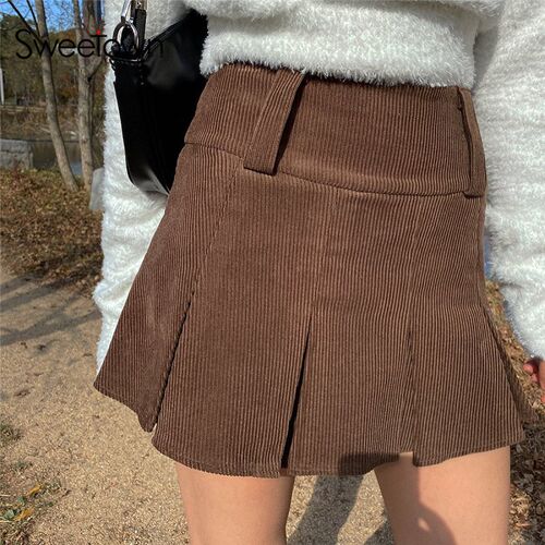 Sweetown Brown Vintage Corduroy Pleated Skirts Womens 90s Ne