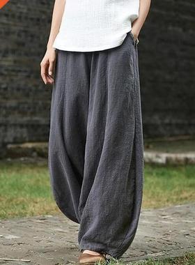 2022 Cotton Linen Style Bloomers Wide Leg Pants Women Vintag