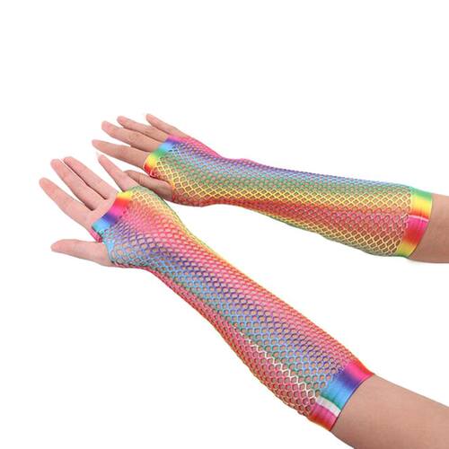 2pcs Women Gloves Hollow Out Holes Gloves Rainbow Print Danc