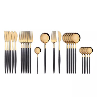 24Pcs 18/10 Stainless Steel Dinnerware Set Black Gold Cutler
