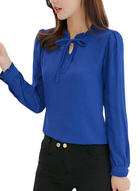 Spring Women Blue Shirts Long Sleeve Stand Collar Bow Blous