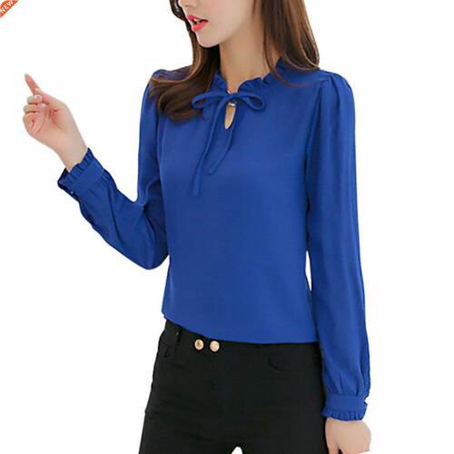 Spring Women Blue Shirts Long Sleeve Stand Collar Bow Blous