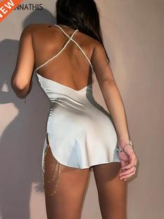 WannaThis Silk Strap Mini Dresses Backless Solid Color Criss