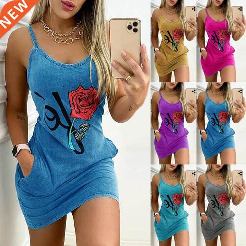 Dress Women Summer floral Printing Pocket Condole Belt sling