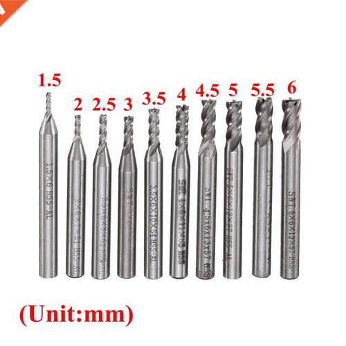 10Pcs/Set 10 Size 1.5-6mm HSS & Aluminum CNC 4 Flutes Bl