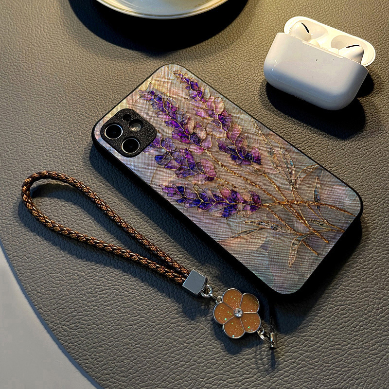 适用苹果iPhone17手机壳14plus/16Pro/Max/15/13女12硅胶Air创意皮纹全包防摔保护套挂绳潮新款紫色金边花朵