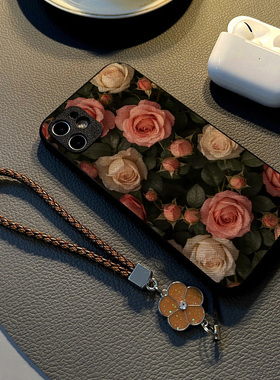 适用小米红米note13 12pro 11t/11/10手机壳硅胶创意note14 pro皮纹全包防摔软保护套女挂绳新款粉白玫瑰花朵
