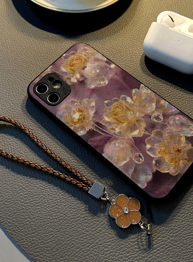 适用苹果iPhone17手机壳14plus/16Pro/Max/15/13女12硅胶Air创意皮纹全包防摔保护套挂绳潮新款黄色水晶花朵
